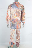 Digital print denim jacket and stack jeans