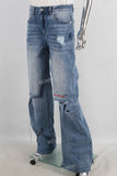 Blue straight damage digital print jeans