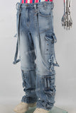 Blue patchwork cargo jeans