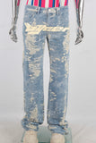 Blue straight damaged screen print jeans
