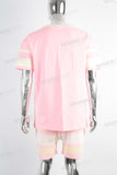 Pink digital print patchwork t shirt and screen print shorts