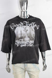 Black oversize digital print raw hem t shirt