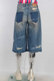Blue patchwork rhinestone distressed shorts