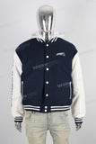 Blue embroidered leather hooded jacket