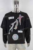 Black digital print acid washed patchwork long shirt