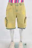 Yellow embroidered cargo boot cut short