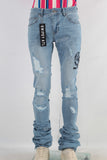 Blue damaged embroidered stack jeans