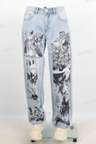 Blue screen print straight jeans