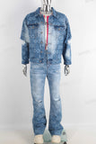 Blue laser acid washed damaged jacket and jeans set