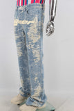 Blue straight damaged screen print jeans