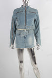Blue denim zip up jacket and boot cut skirt set