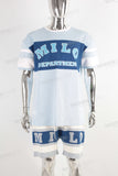 Blue digital print patchwork t shirt and screen print shorts