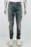 Blue Distressed Washed Embroidered Skinny Jeans