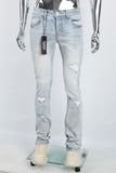 Men's light blue cut and splashed paint distressed washed bell bottoms