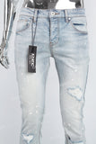 Men's light blue cut and splashed paint distressed washed bell bottoms