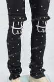 Black Embroidered Pocket Stud Drill Stack Jeans