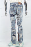 Blue Seahorse Hair Stitching Ripped Stitching Man Stack Jeans