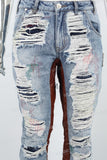 Blue Seahorse Hair Stitching Ripped Stitching Man Stack Jeans
