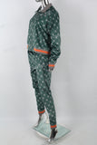 Green Print Contrast Ribbed Athleisure Suit