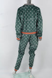 Green Print Contrast Ribbed Athleisure Suit