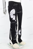 Black and White Splicing Spray Butterfly Embroidery Mans Stack Jeans