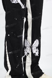 Black and White Splicing Spray Butterfly Embroidery Mans Stack Jeans