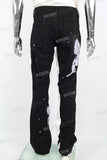 Black and White Splicing Spray Butterfly Embroidery Mans Stack Jeans