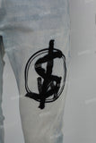 Blue Distressed Embroidered Patch Ripped Skinny Jeans