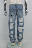 Mans Blue Print Ripped Cargo Baggy Jeans