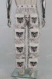 Mans White Skull Print Cargo Pocket Baggy Jeans