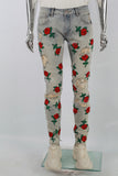 Vintage Blue Rose Embroidery Ripped SKinny Jeans