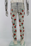 Vintage Blue Rose Embroidery Ripped SKinny Jeans