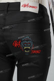Black Embroidered Mans Stack Leather Pants