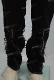 Black zipper embroidered cut denim Flare Jeans