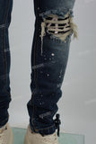 Blue Cut and Scratched Print Zip-Up Tie Mans Skinny Jeans