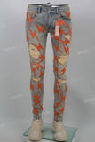 Blue Vintage Wash Orange Lightning Badge Ripped Mans Skinny