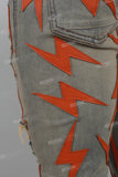 Blue Vintage Wash Orange Lightning Badge Ripped Mans Skinny