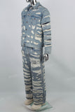 Heavily Ripped Stitching Blue Flared Denim Jacket & Jeans Set