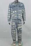 Heavily Ripped Stitching Blue Flared Denim Jacket & Jeans Set