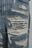 Heavily Ripped Stitching Blue Flared Denim Jacket & Jeans Set