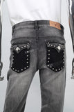 Women's gray flared jeans with rhinestones