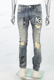 Men's Blue Distressed Washed Printed Patch Flared Jeans