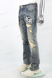 Men's Blue Distressed Washed Printed Patch Flared Jeans