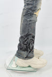Men's Blue Distressed Washed Printed Patch Flared Jeans