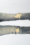 Men's Blue Distressed Washed Printed Patch Flared Jeans