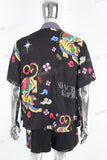 Men's Printed Black Vacation Short Sleeve Shirt Shorts Set