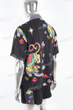 Men's Printed Black Vacation Short Sleeve Shirt Shorts Set