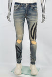 Men's Blue Ripped Jeans with Black Leather Patch