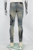 Men's Blue Ripped Jeans with Black Leather Patch