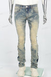 Men's laser printed distressed washed patch blue stacked jeans